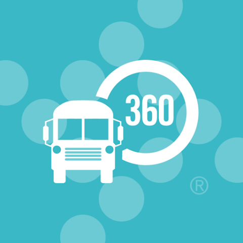 traversa ride360 logo (schoolbus with 360 degree circle to the right side on a blue background)