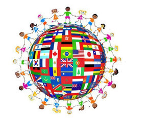 clipart of children holding hands around a patchwork globe made of flags