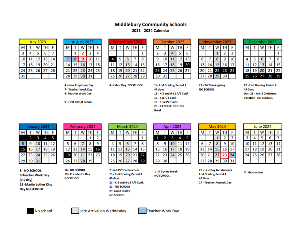 2023 2024 School Year Calendar Middlebury Community Schools